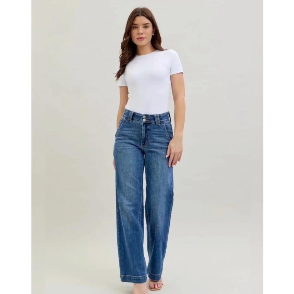 Judy Blue High Rise Wide Leg Jeans Womens 27 Blue Medium Wash Double Button